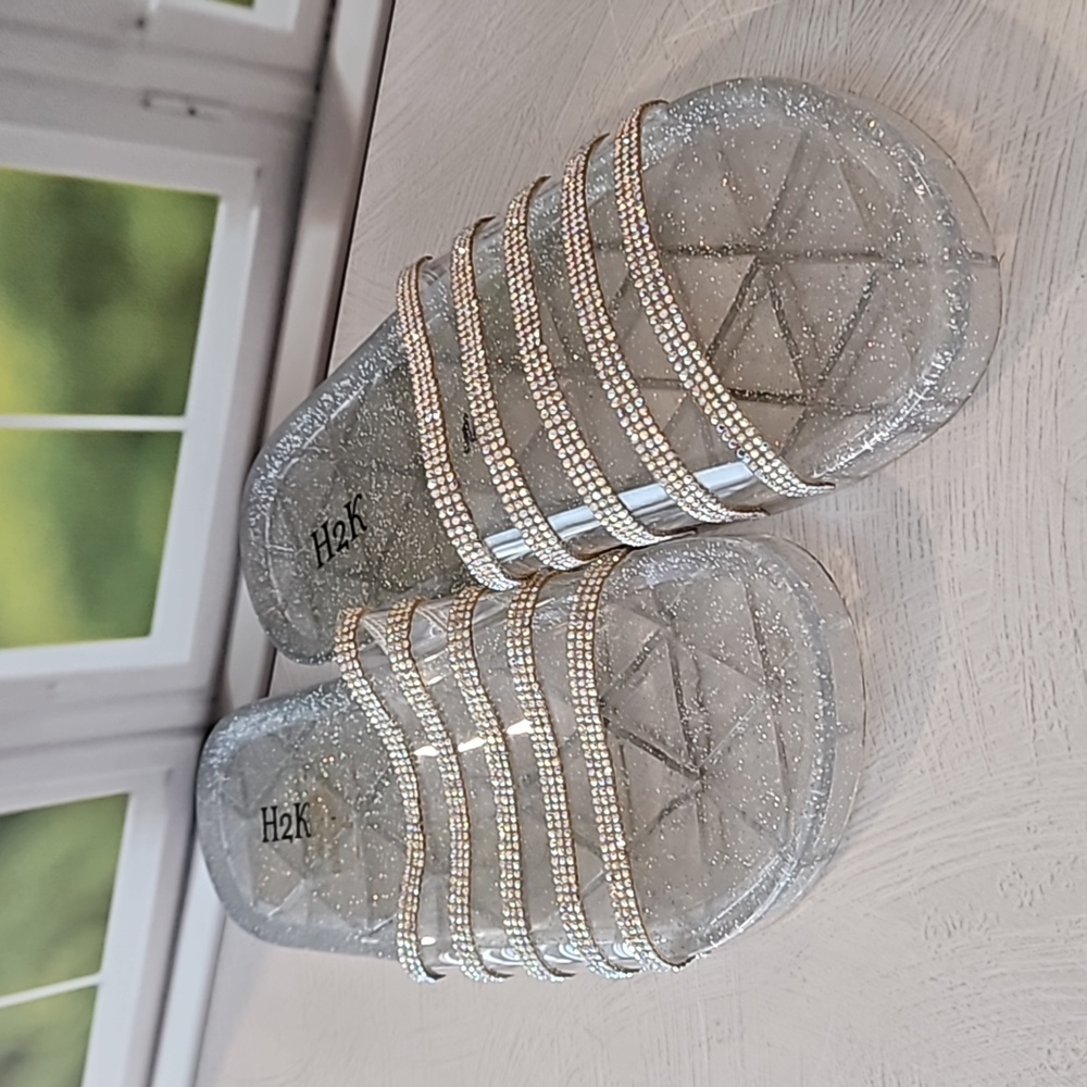 H2K silver glitter jelly rubber flip-flops slipper Sz 9 iridescent stones - Picture 7 of 8